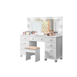 Penteadeira Camarim 9 Gavetas com Banqueta Espelho e Led em Mdf:branco - 2