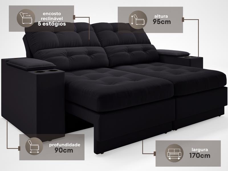 Sofá com Porta Copos e Carregador USB Eureka 1,70m Assento Retrátil e Reclinável Velosuede - 3