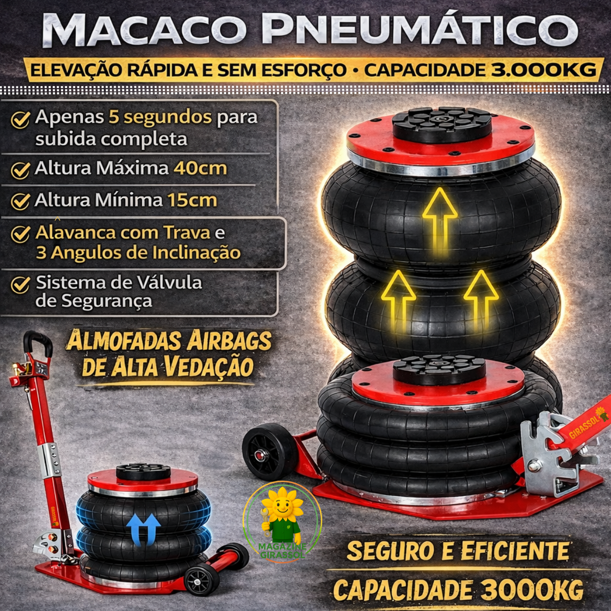 Ver imagem 2 de Macaco Pneumático 3 Toneladas Sanfonado 3 Gomos 5 Segundos Inflável Airbag Automotivo Mp3g