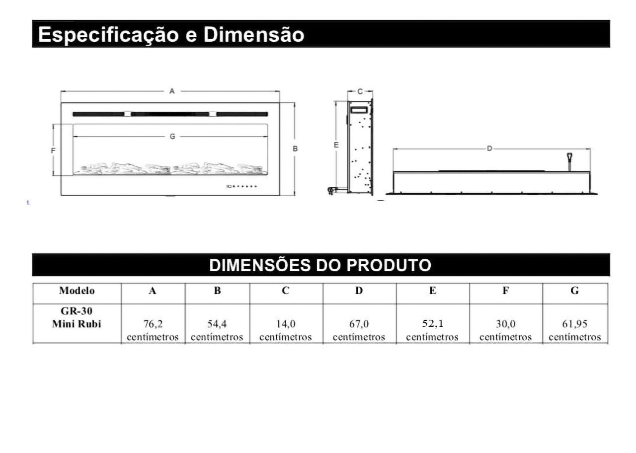 Lareira Elétrica Wgrif Rubi 30''- P/ Embutir Totalmente 220v - 6