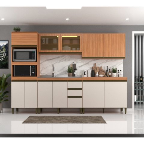 Cozinha Completa Modulada 5 Peças 11 Portas com Torre Quente e Vidro Reflecta Cecília Marrom/Freijó/Off White