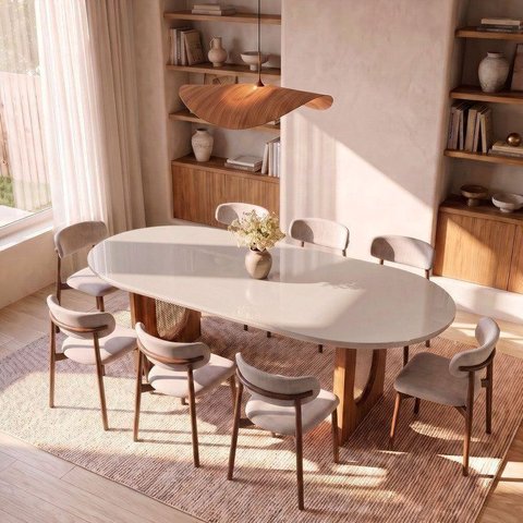 Conjunto de Jantar com Mesa Oval Tali 210cm e 8 Cadeiras Ema CabeCasa MadeiraOriginals Bege