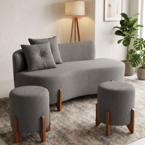 Conjunto Sofá Curvo Orgânico + 02 Puff Luna Boucle Cinza - Montanaris Decor
