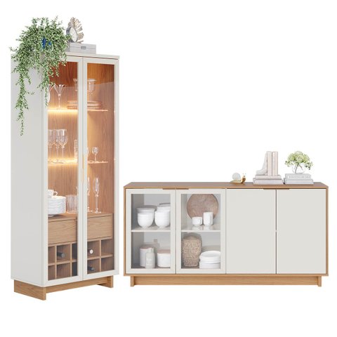 Conjunto para Sala de Jantar Buffet Aparador e Cristaleira com Led Off White Freijó Colibri