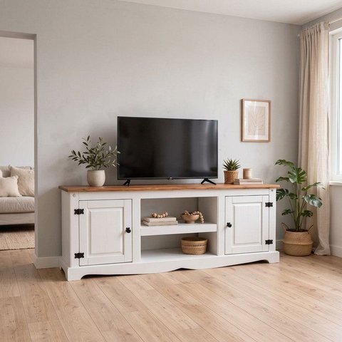 Rack para TV até 63 Polegadas Madeira Maciça 170,2cm 2 Portas Madrid Branco e Cera Carvalho