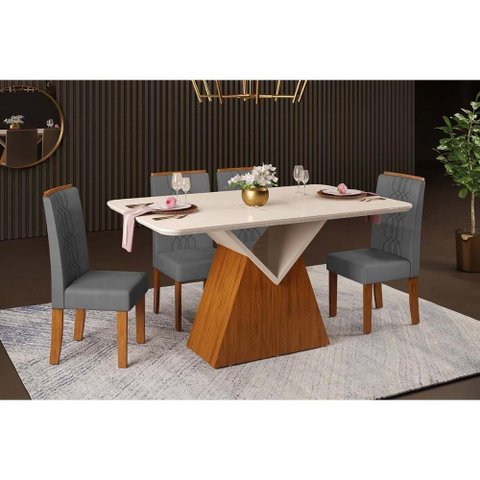 Sala de Jantar Completa Argo C/ Tampo Madeirado C/ Vidro Curvo 136x90cm e 4 Cadeiras Zoe Freijo/off
