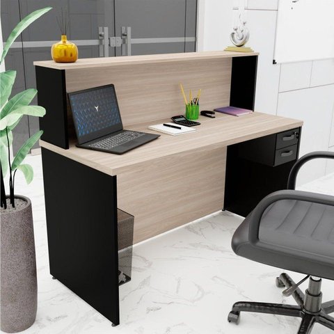Balcão Atendimento Recepção Consultório com Gaveta 120x60cm Bege/Carvalho