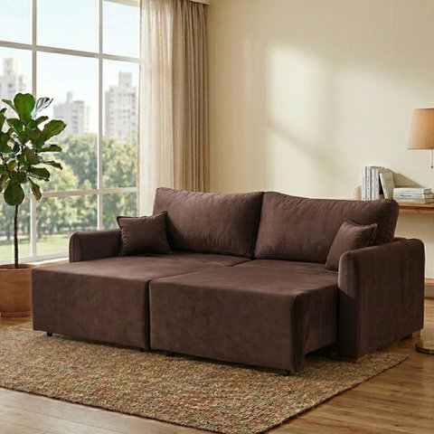 Sofa Cama 3 Lugares 2,00 m Pé de Madeira Los Angeles:Marrom/Veludo