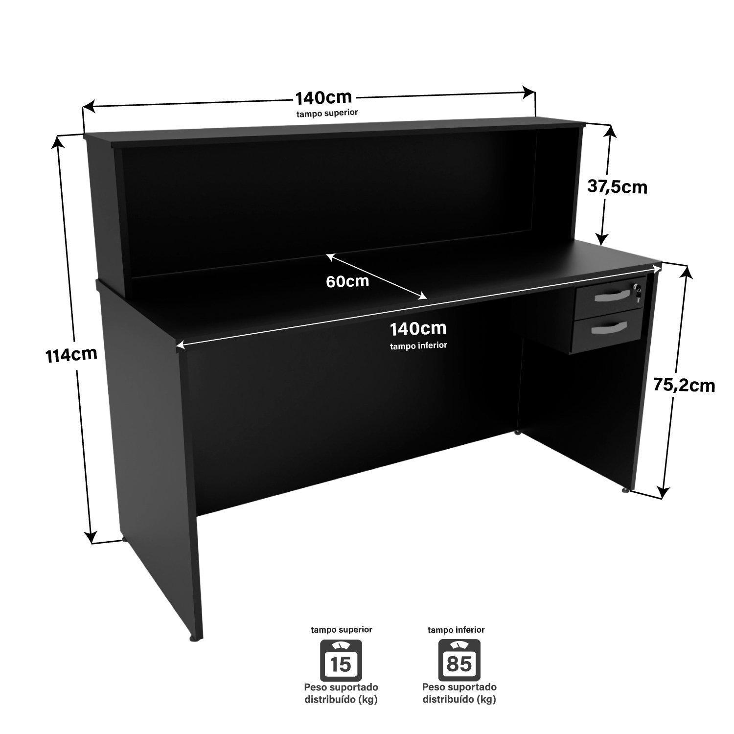 Balcão Atendimento Recepção Consultório 140x60cm 2 Gavetas - 5