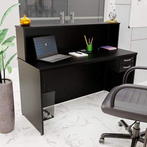 Balcão Atendimento Recepção Consultório 140x60cm 2 Gavetas Preto