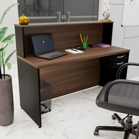 Balcão Atendimento Recepção Consultório 140x60cm com Gaveta Marrom/Nogal