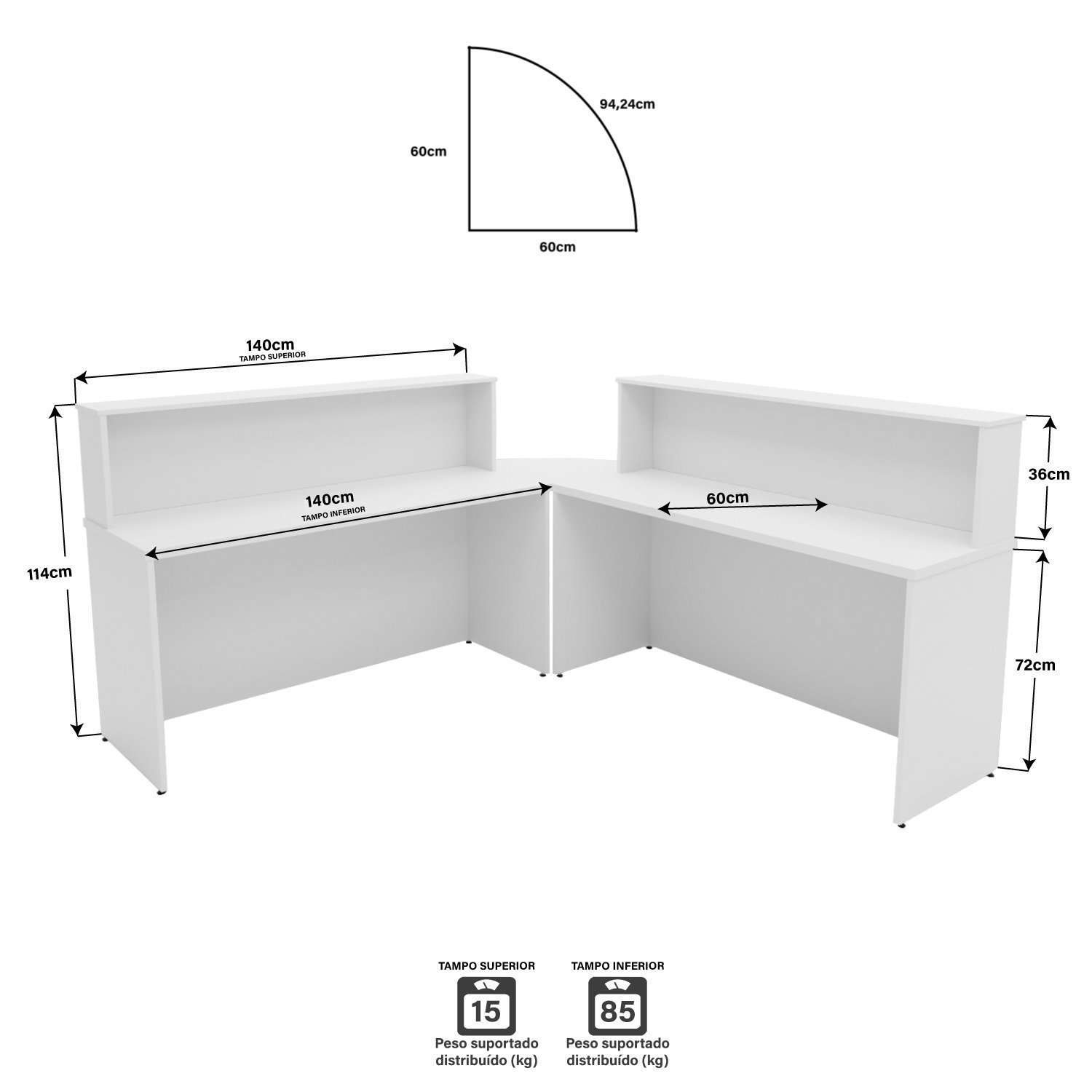 Balcão Atendimento de Canto em L Recepção Consultório 140x60cm - 4