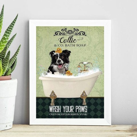 Quadro Decorativo Banheiro Border Collie 24x18cm:madeira Preta