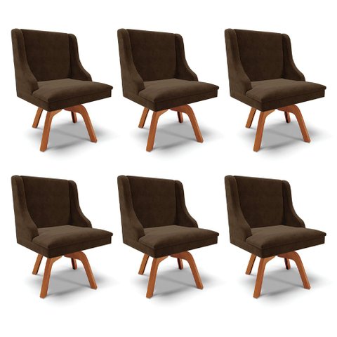 Kit 6 Cadeiras Decorativas Sala de Jantar Base Giratória de Madeira Firenze Suede Marrom/Natural G19