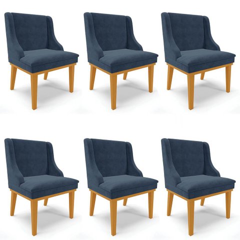 Kit 6 Cadeiras Estofadas para Sala de Jantar Base Fixa de Madeira Castanho Lia Suede Azul Marinho - 