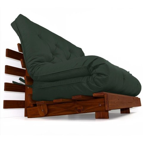 Sofá Cama Casal Futon Tokio D33 Madeira Maciça Cor Imbuia - Verde Militar