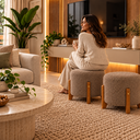 Ver imagem 3 de Puff Thor Bouclé Capuccino Pés de Madeira Casa Renassi Linha Premium