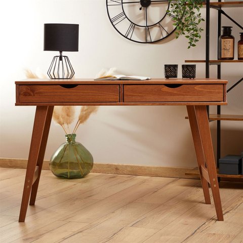Mesa Escrivaninha Madeira 2 Gavetas Retro Milo Castanho Verniz Idimex