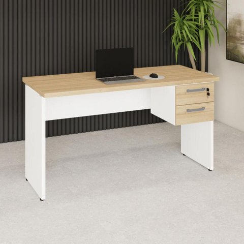 Mesa Escrivaninha Retangular 135cm x 60cm Tampo 30mm com Gaveteiro 2 Gavetas F5 Office Cor:Macadâ
