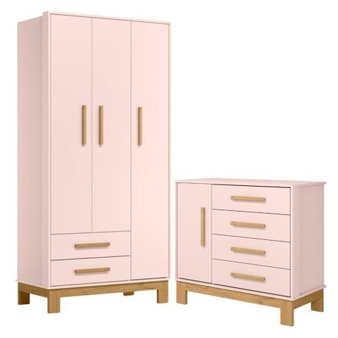 Conjunto Guarda Roupa e Cômoda Monet 4 Portas 6 Gavetas MDP 94cm Rosa Qmovi