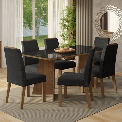 Conjunto Sala de Jantar Tampo de Vidro 6 Cadeiras Rustic/preto/oxford Amalfi Madesa