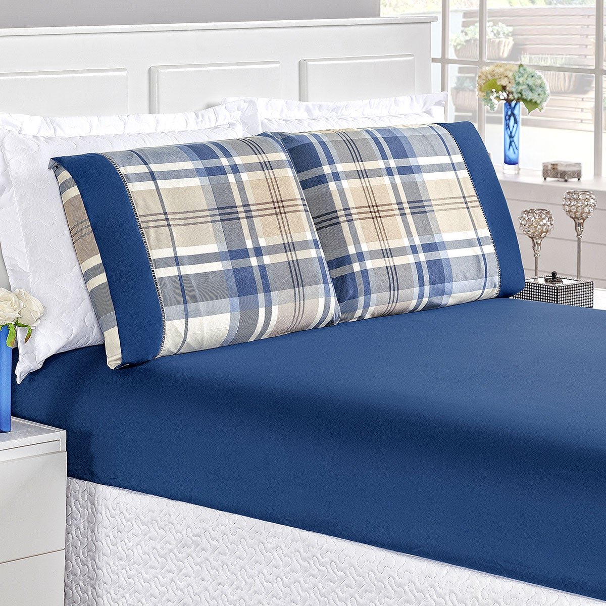 Jogo de Cama Azul Naturalle Solteiro Xadrez Azul 2,60m x 1,50m 3 Peças