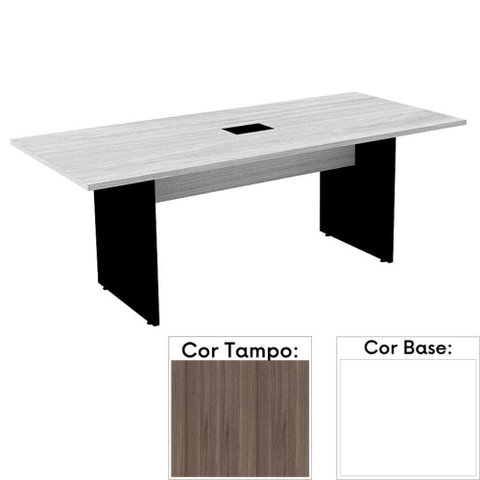 Mesa de Reunião com Caixa de Tomada Retangular 200 x 90 cm Pé Painel PE25 MDP Walnut Base Branca