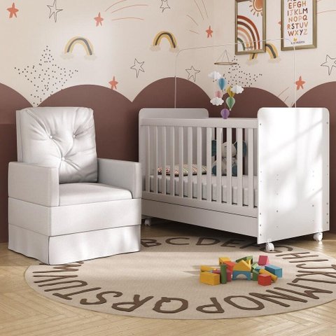 Quarto de Bebê com Poltrona Amamentação e Berço Americano 3x1 com Colchão Pimpolho Multimóveis 