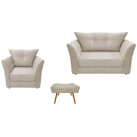 Kit Namoradeira + 1 Poltrona Decorativa Isis + 1 Puff Retangular Couro Bege Pés Madeira Ms Decor