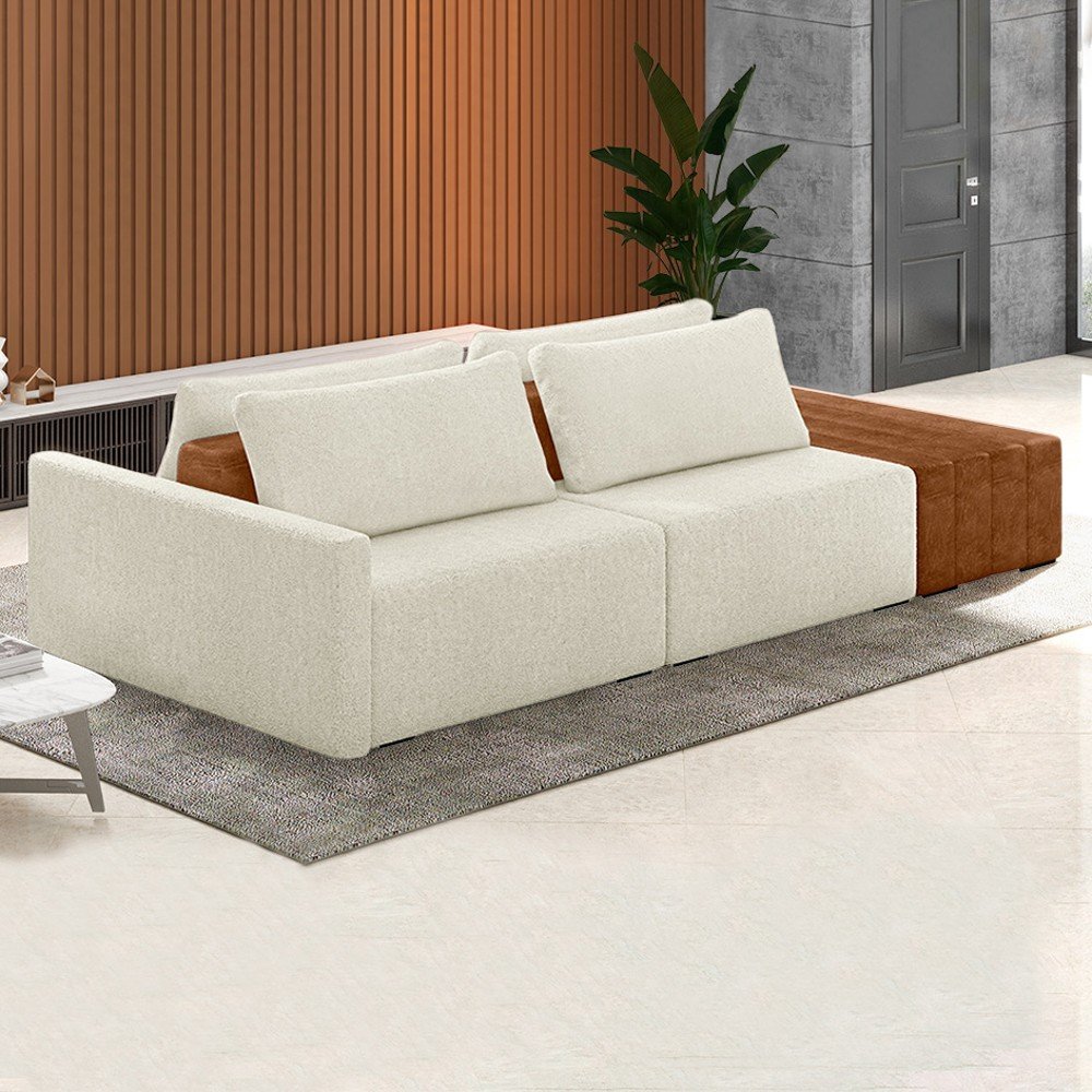 Sofá Ilha Modular Living com Puff 232cm Georgia K04 Bouclê Bege/caramelo - Mpozenato - 2