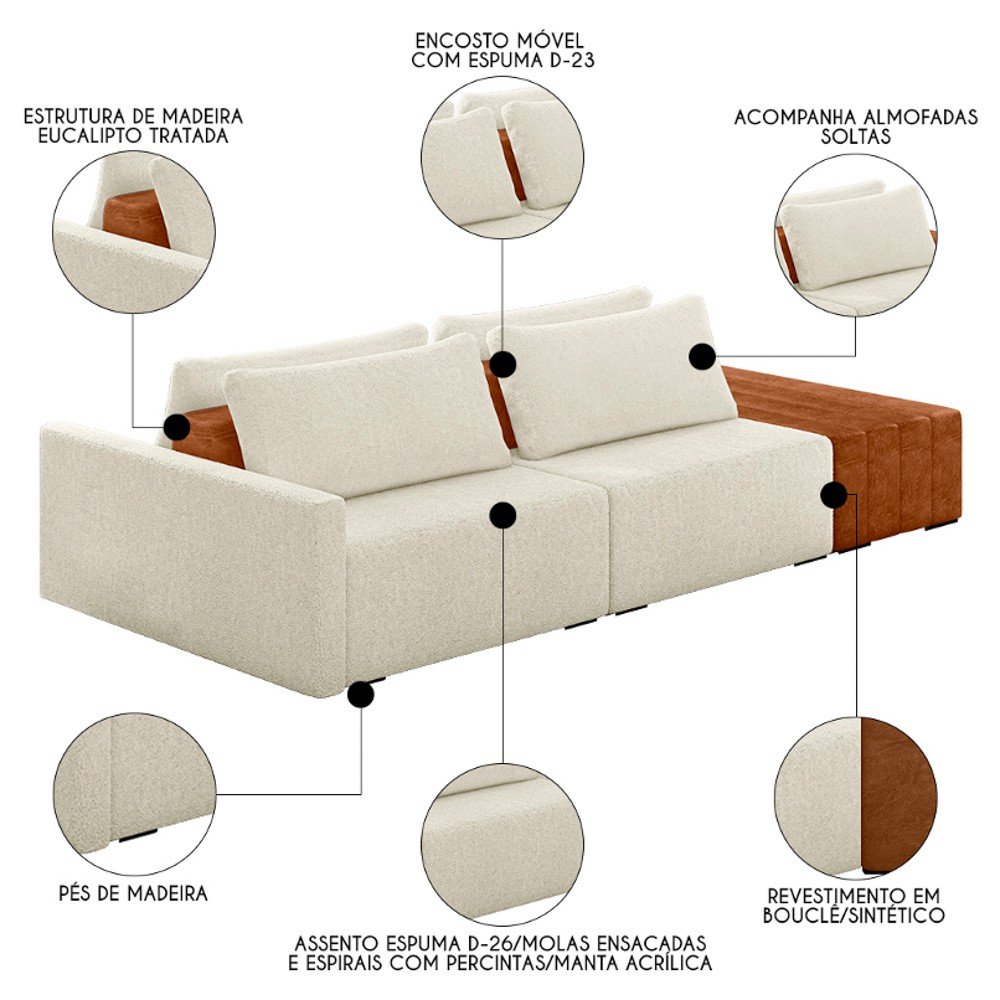 Sofá Ilha Modular Living com Puff 232cm Georgia K04 Bouclê Bege/caramelo - Mpozenato - 3