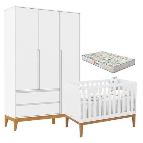 Berço Americano Unique e Guarda Roupa 3 Portas Nature Clean Branco Soft Eco Wood com Colchão Gazin