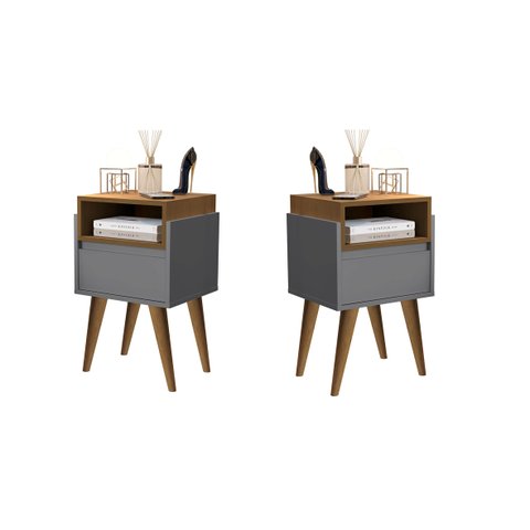 Kit 2 Mesas de Cabeceira Evora Pés Palito Onix / Nature - JM Casa dos Moveis