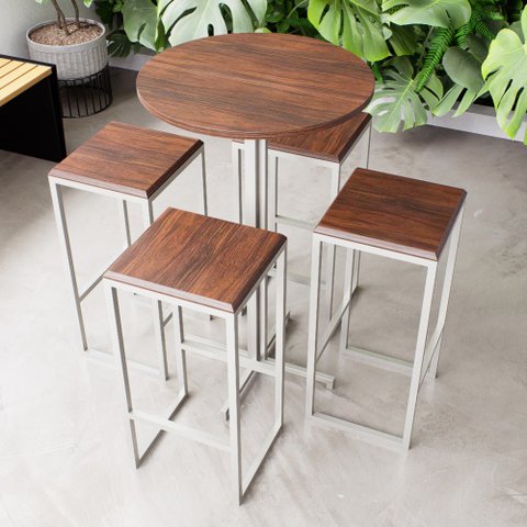 Conjunto Mesa Alta Bar Bistrô Redonda Imbuia 4 Bancos Industrial White Don Castro Decor Industrial P