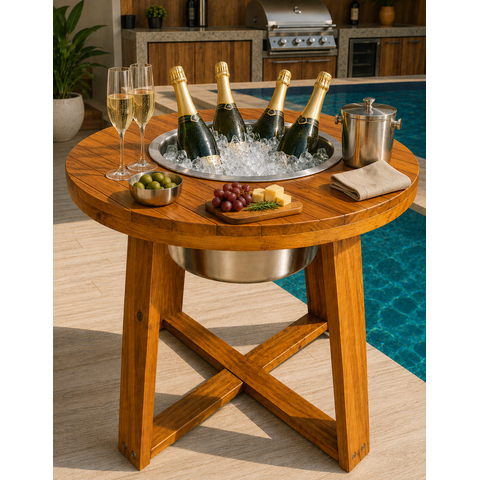 Mesa Champanheira e Cervejeira Redonda de Madeira com Balde Alumínio Cervejeira 60cm