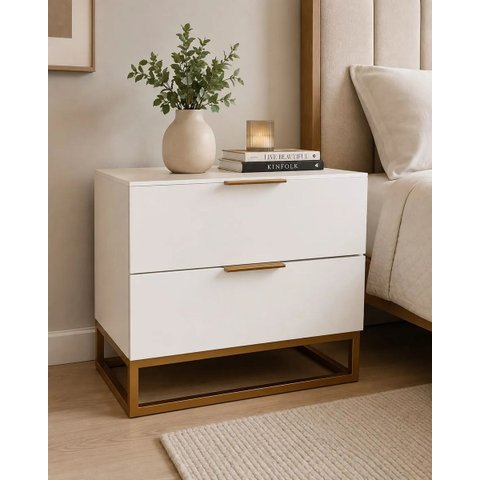 Mesa de Cabeceira Industrial Dourada 2 Gavetas Moderna Quart Fosco Branco