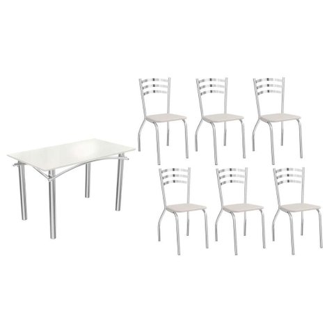 Conjunto: Mesa de Cozinha Elba Tampo Madeirado C/ Vidro 120cm e 6 Cadeiras Portugal Cromada/off