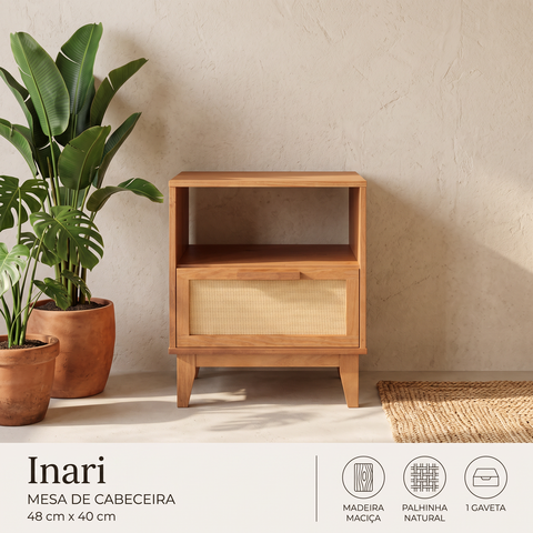 Mesa de Cabeceira Inari Madeira Maciça 1 Gaveta com Palhinha 48 cm X 40 cm Caramelo Casavee