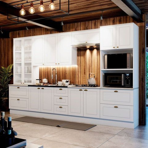 Cozinha Completa 6 Peças 100% MDF com Torre Quente 02 Fornos Cristaleira Branco HP/Calcare Americana