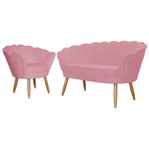 Kit Namoradeira + 1 Poltrona Decorativa Pétala Suede Rosa Pés Madeira Ms Decor