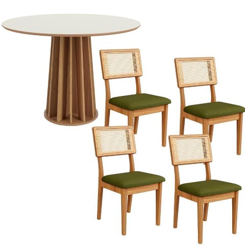 Conjunto de Jantar Mesa Redonda Mdf + 4 Cadeiras Tela Palha Cor:freijó com Off White e Verde;cor