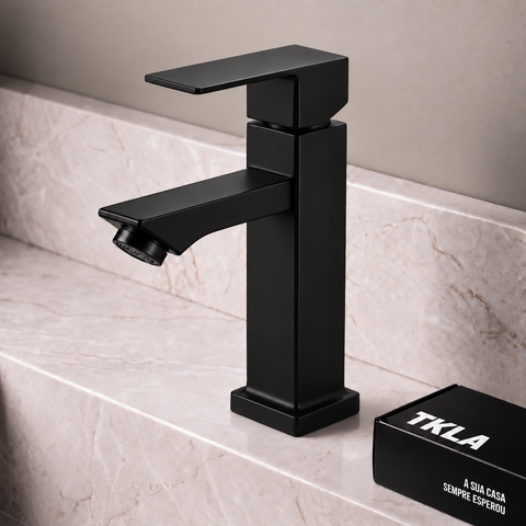 Torneira Banheiro Preta Bancada Mesa Metal Inox Quadrada 1/4 Volta Preto Fosco Matte