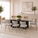 Ver imagem 2 de Kit 8 Cadeiras Sala de Jantar Lisa Pés Champanhe Linho/PU Cinza/Caramelo m² - Monari Design