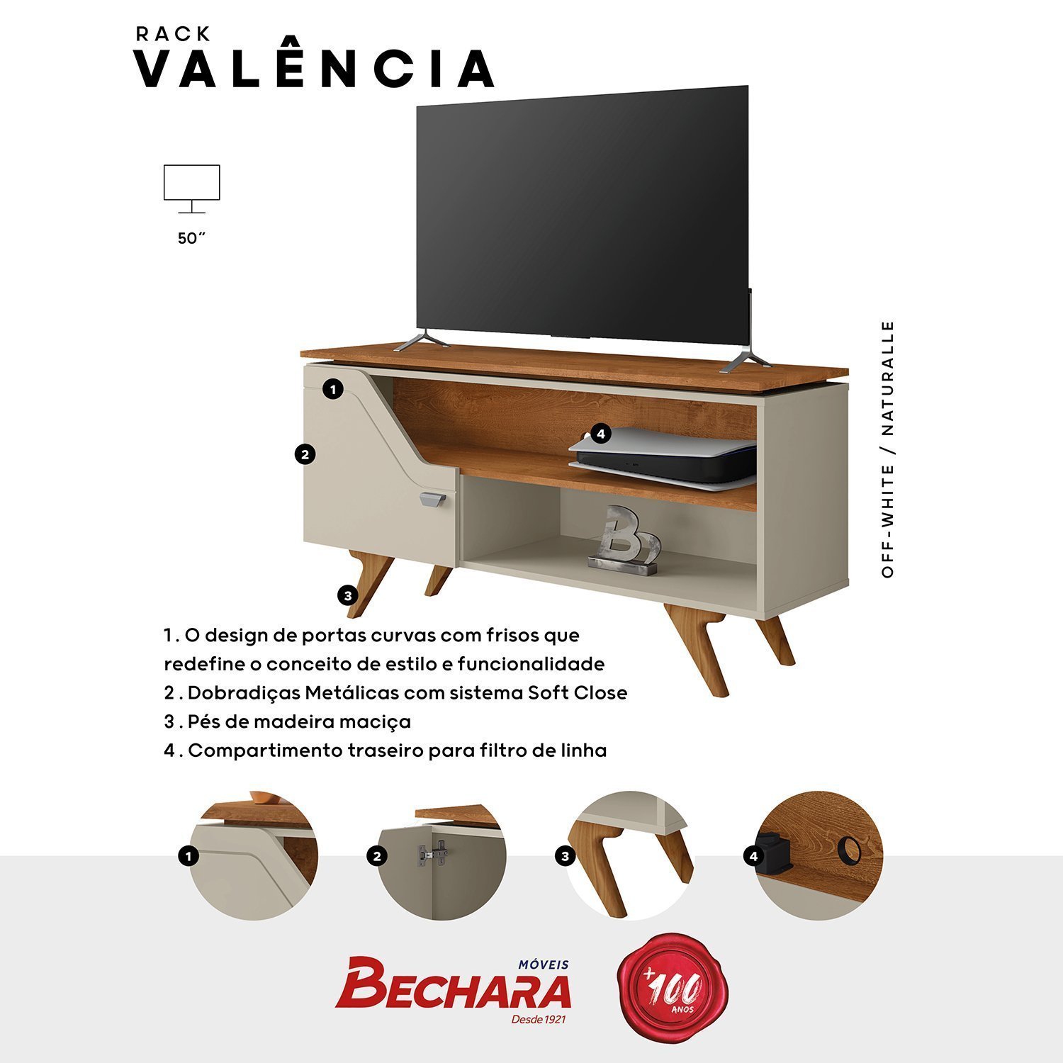 Rack Para TV até 50 Polegadas Design Curvo e Frisos Decorativos 1 Porta Pés de Madeira Valência - 5