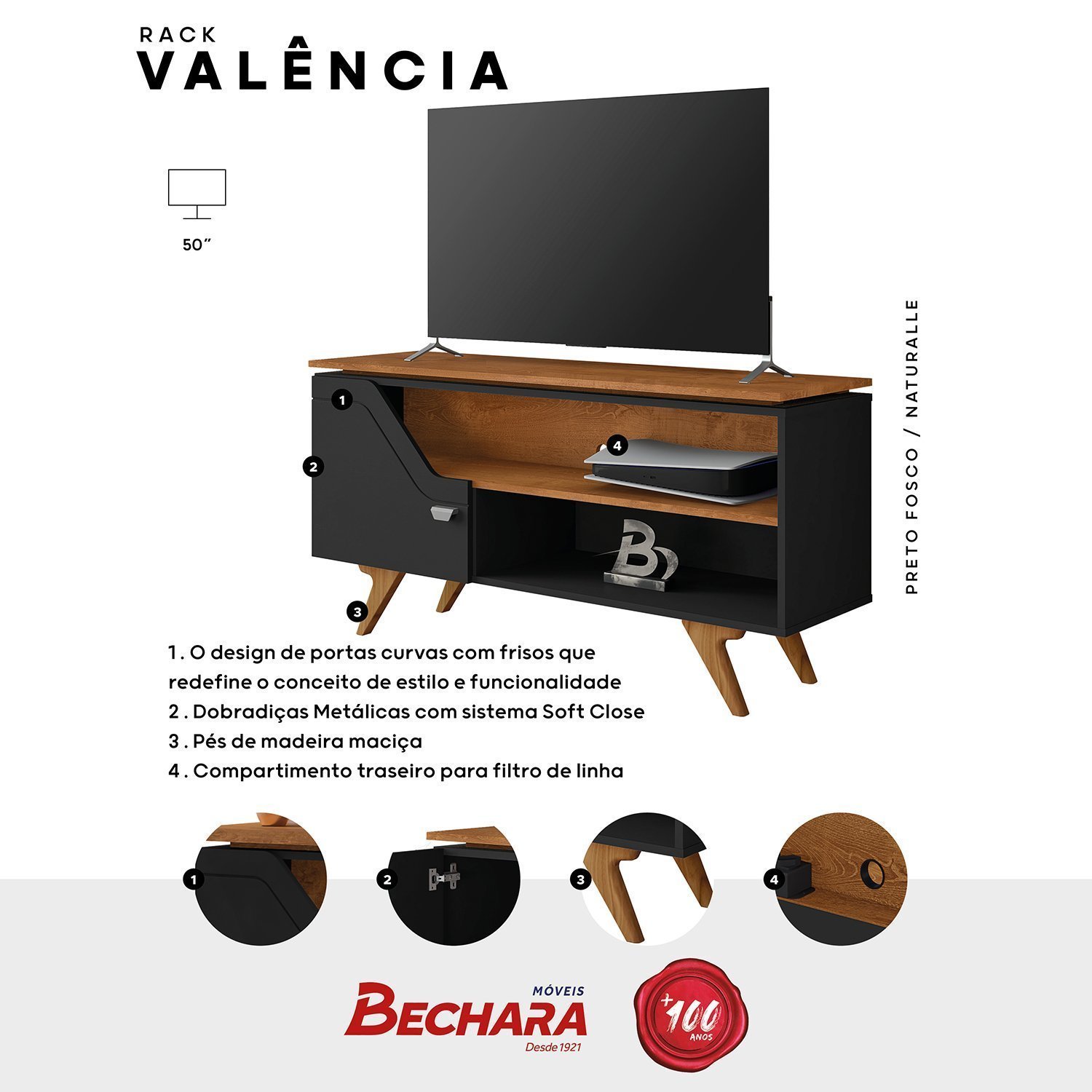 Rack Para TV até 50 Polegadas Design Curvo e Frisos Decorativos 1 Porta Pés de Madeira Valência - 5