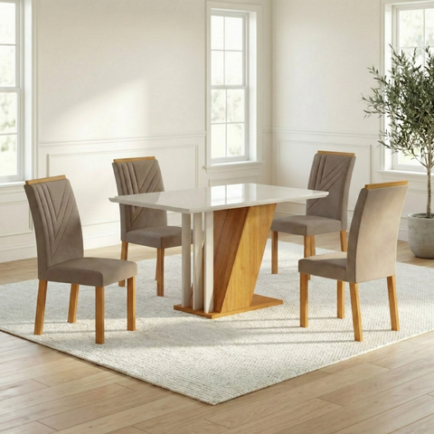 Conjunto Mesa de Jantar 4 Cadeiras Estofadas Veludo 120cm Miami MDF/MDP Marrom Yescasa