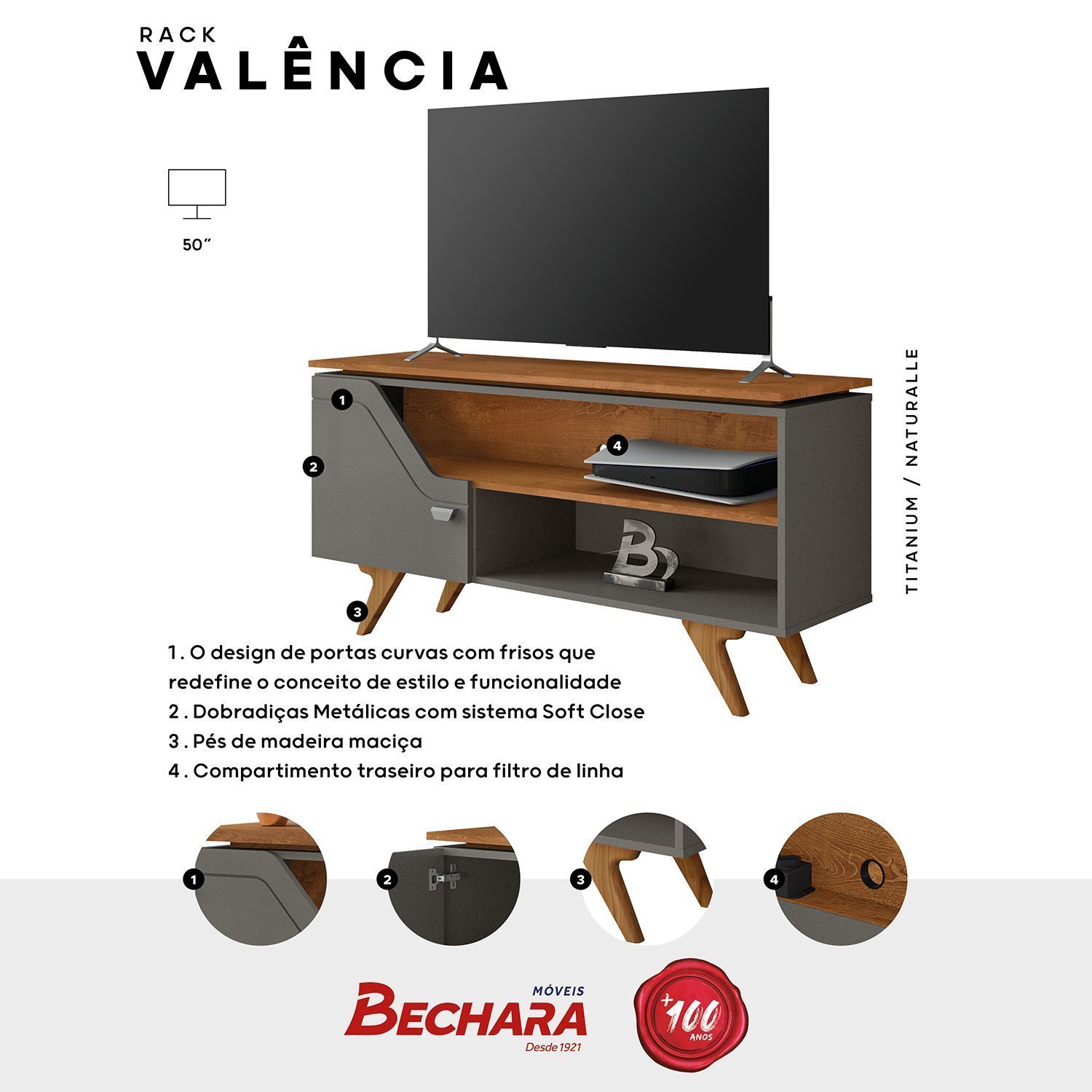 Rack Para TV até 50 Polegadas Design Curvo e Frisos Decorativos 1 Porta Pés de Madeira Valência - 5