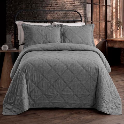Kit Colcha King Size Urban Linen Cinza Textura Linho 3 Peças Rozac