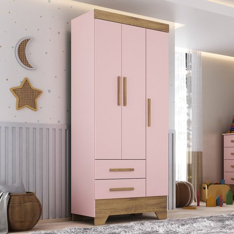 Guarda Roupa Infantil 3 Portas 2 Gavetas Rosa/Natural Tic Tac Espresso Móveis