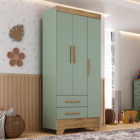 Guarda Roupa Infantil 3 Portas 2 Gavetas Verde/Natural Tic Tac Espresso Móveis